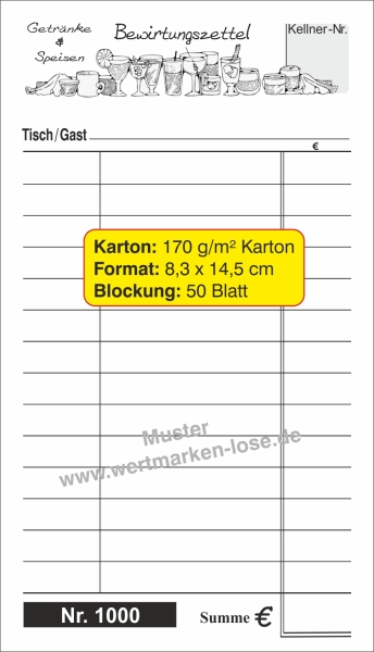 1000 "Bewirtungszettel-NEUTRAL" 170 g/m² - 83 x 145 mm